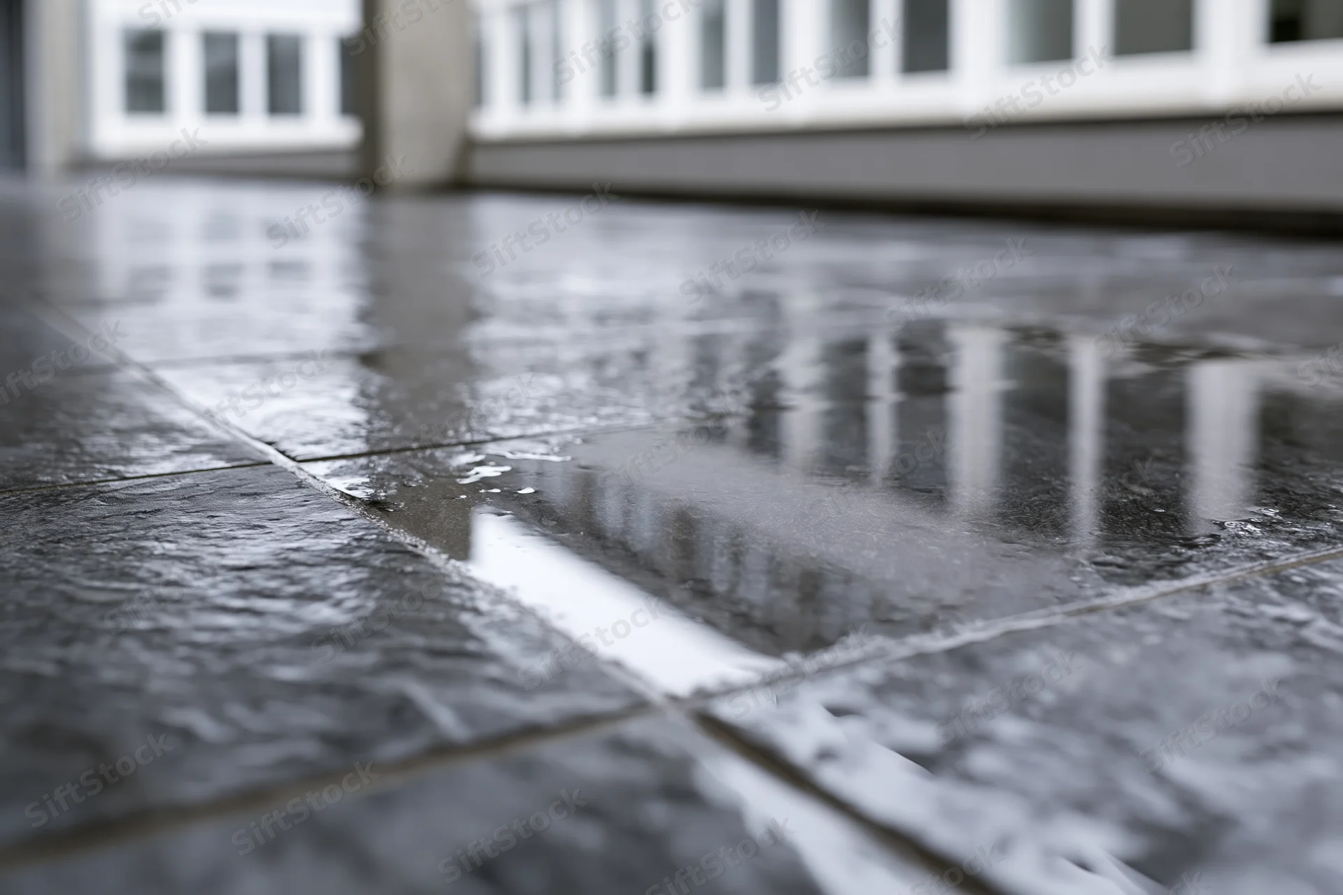 Rain puddle on wet dark tile floor reflecting white windows in empty cove