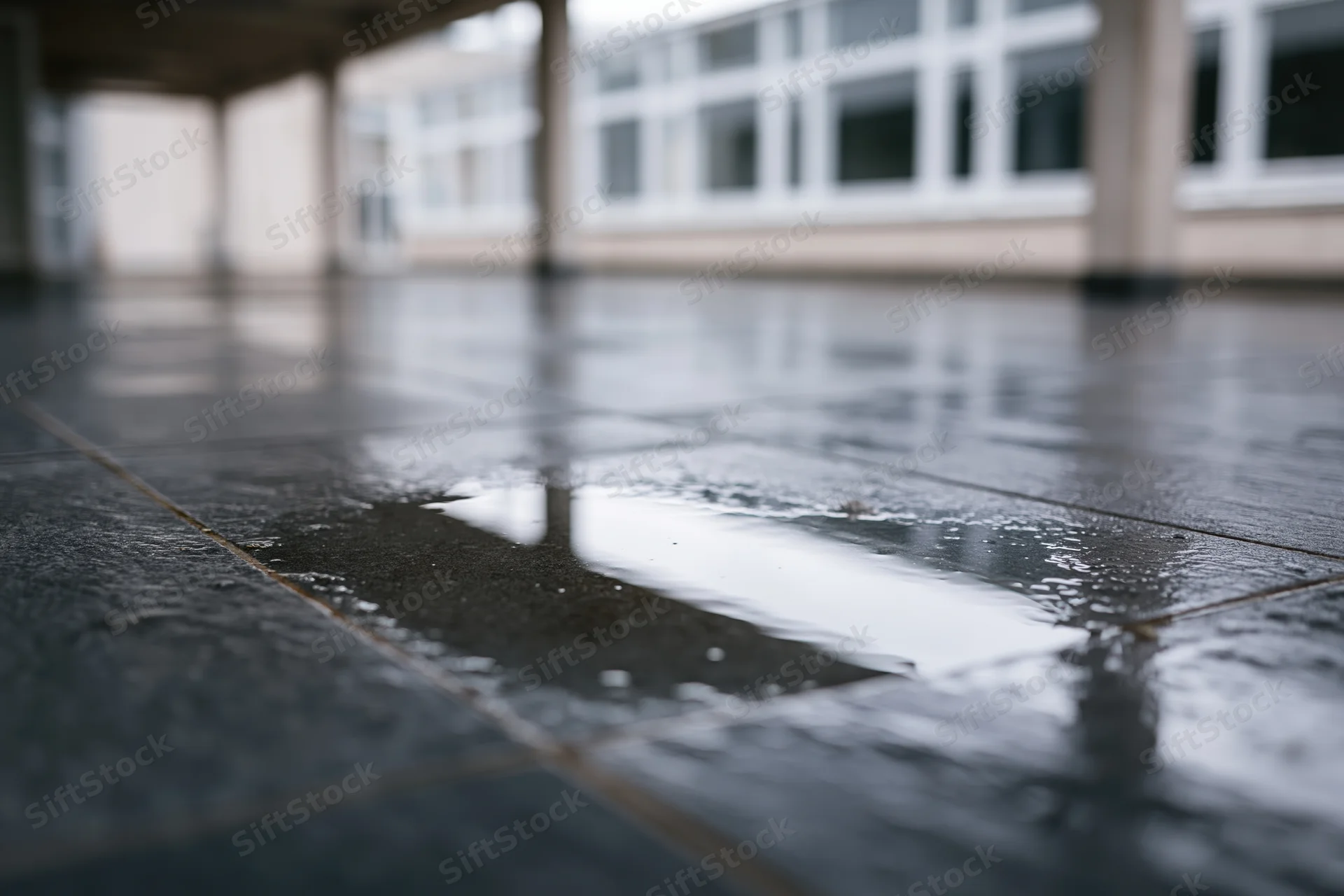 Rain puddle on wet dark tile floor in empty cove under building structure