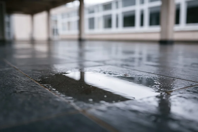Rain puddle on wet dark tile floor in empty cove under building structure
