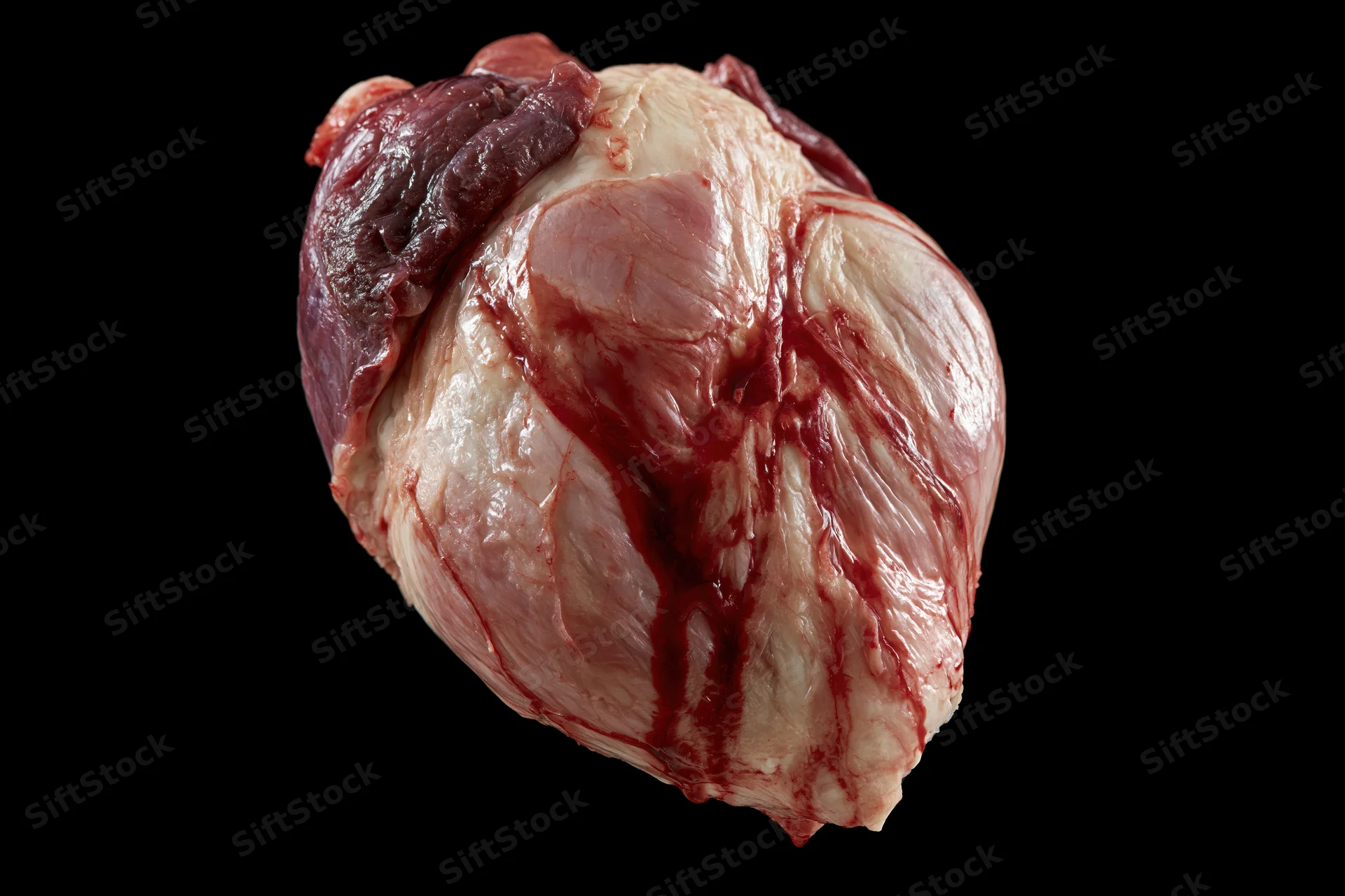 Raw animal heart with blood streaks on black background