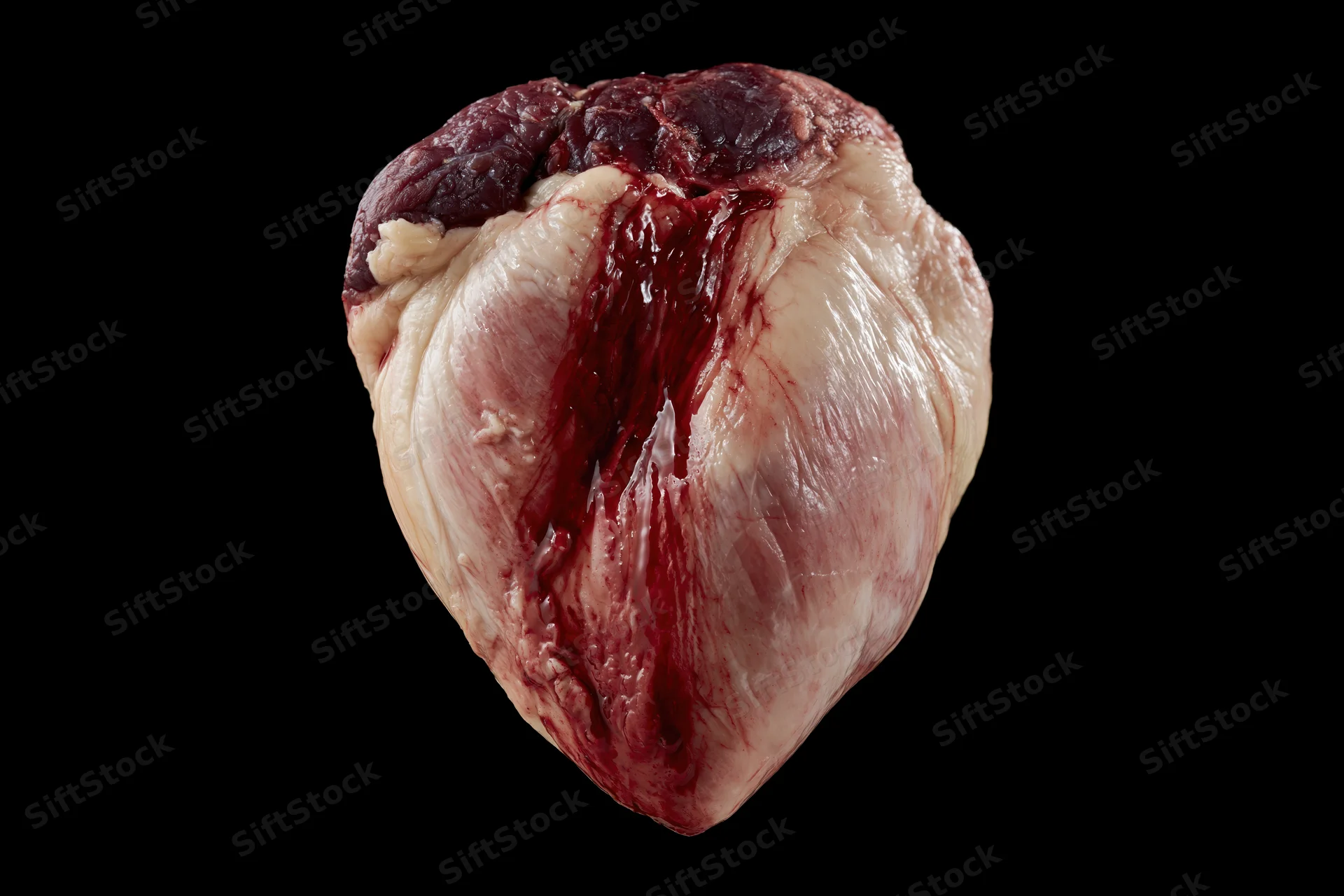 Raw animal heart with blood streaks on black background