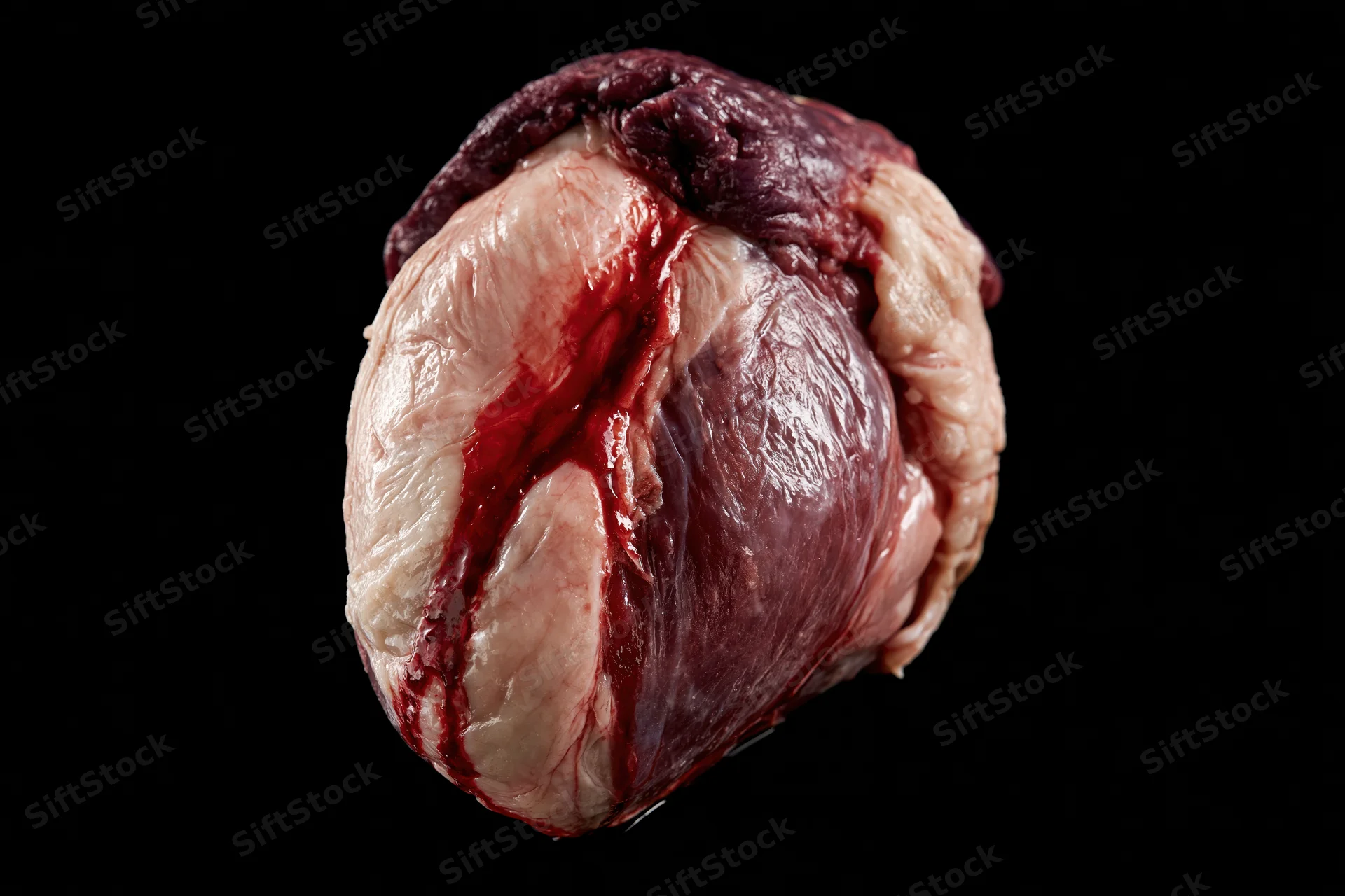 Raw animal heart with fresh blood streaks on black background