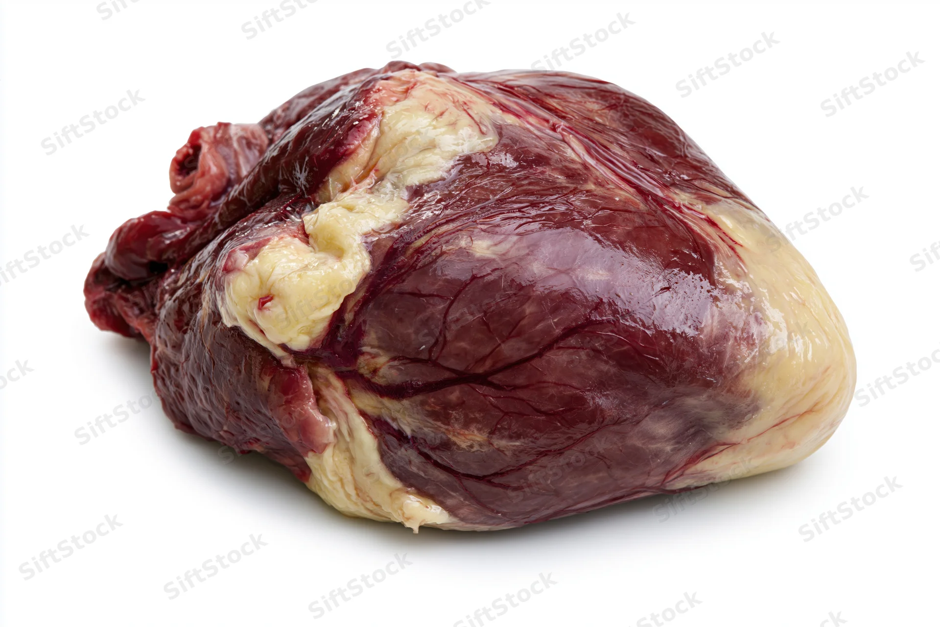 Raw animal heart with visible surface and connective tissue on white background