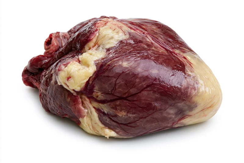 Raw animal heart with visible surface and connective tissue on white background