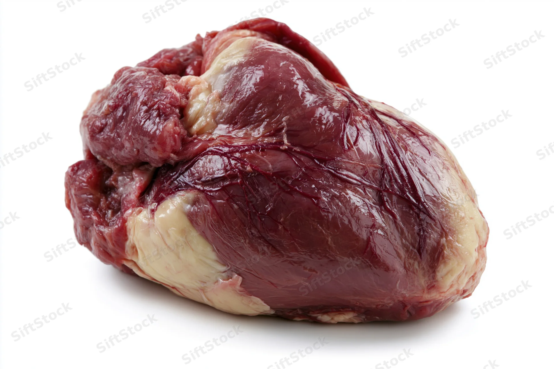 Raw animal heart with visible muscle tissue and fat on white background
