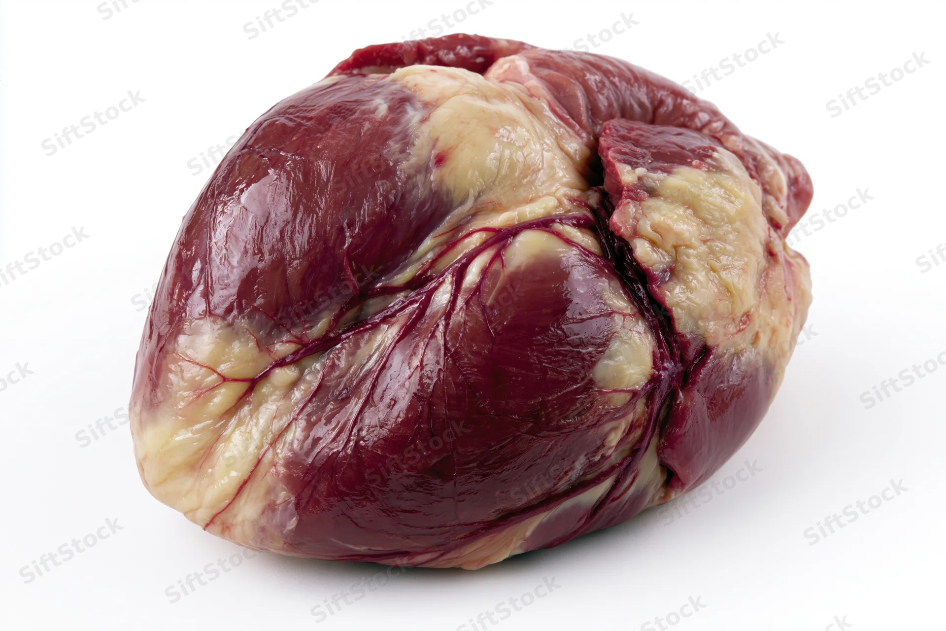 Raw animal heart with visible surface and fat marbling isolated on white background