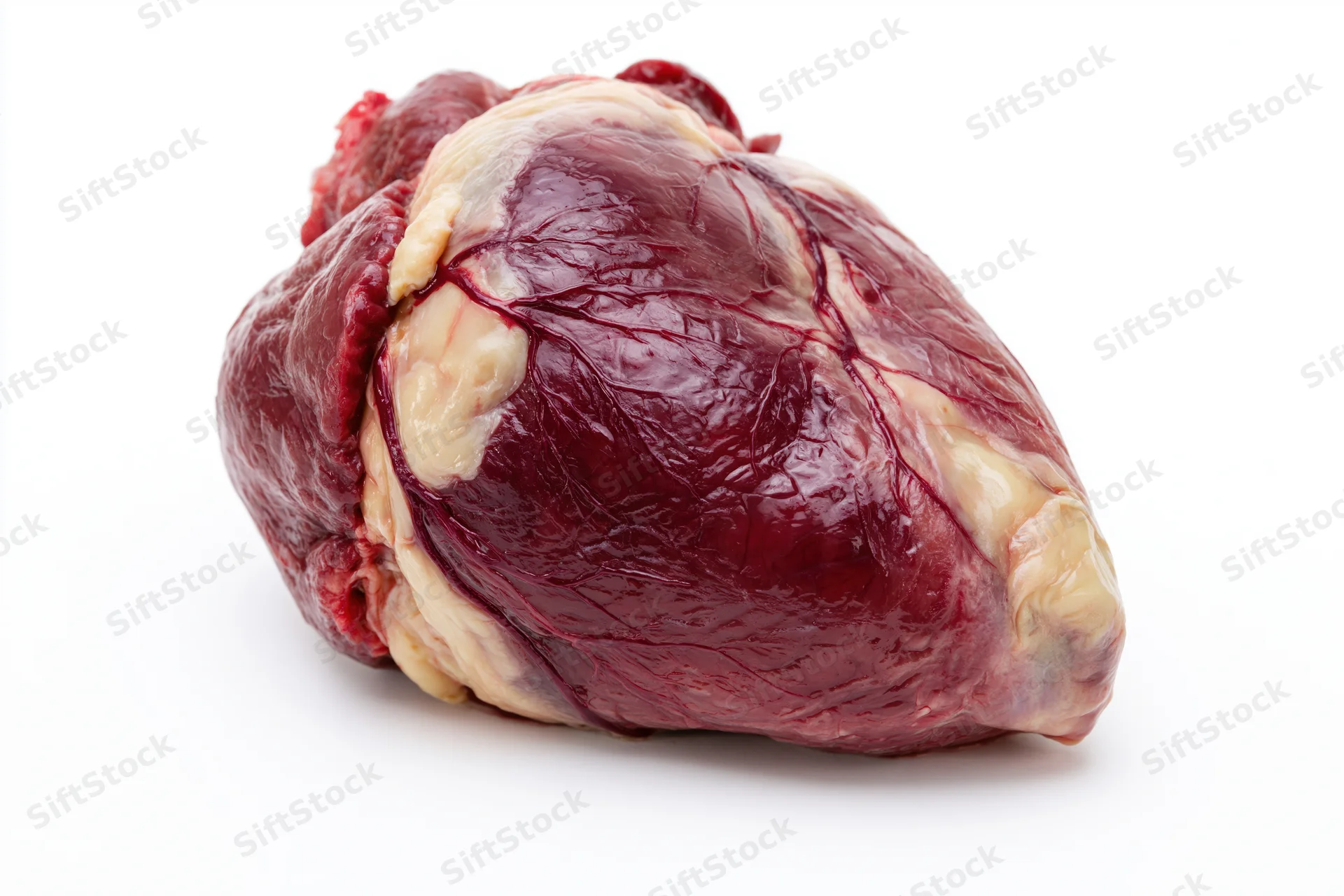 Raw animal heart with visible surface and fat tissue on white background