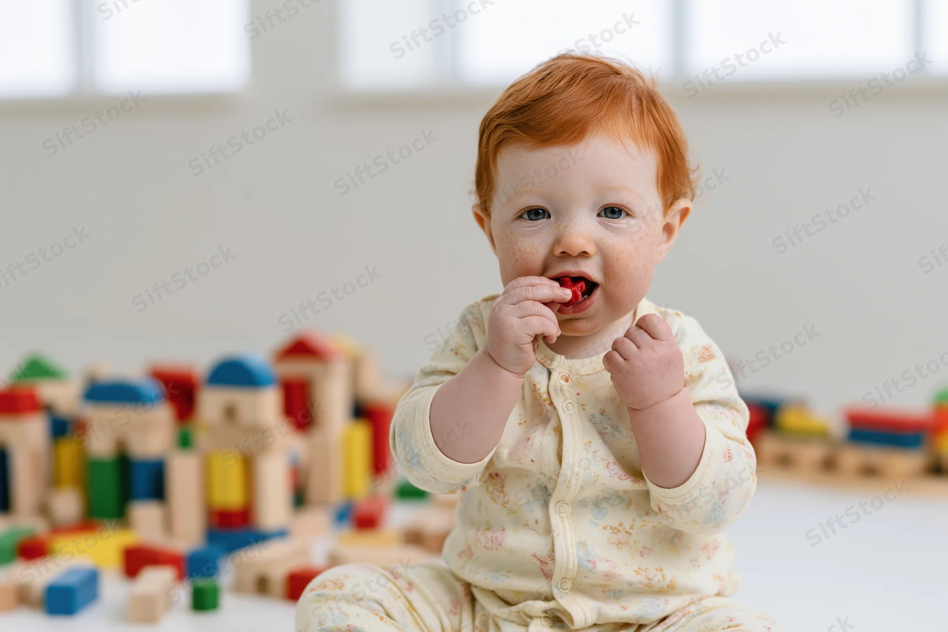 Red-haired baby sitting on white floor mouthing small red toy among wooden blocks