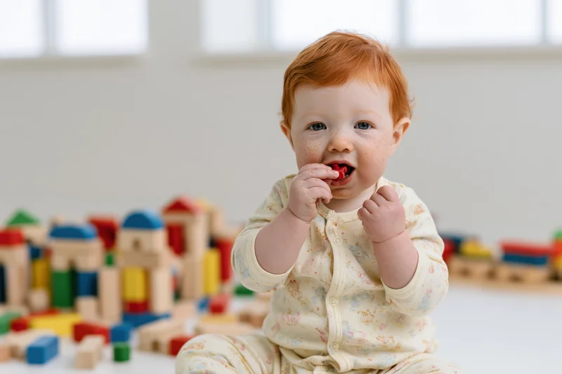Red-haired baby sitting on white floor mouthing small red toy among wooden blocks