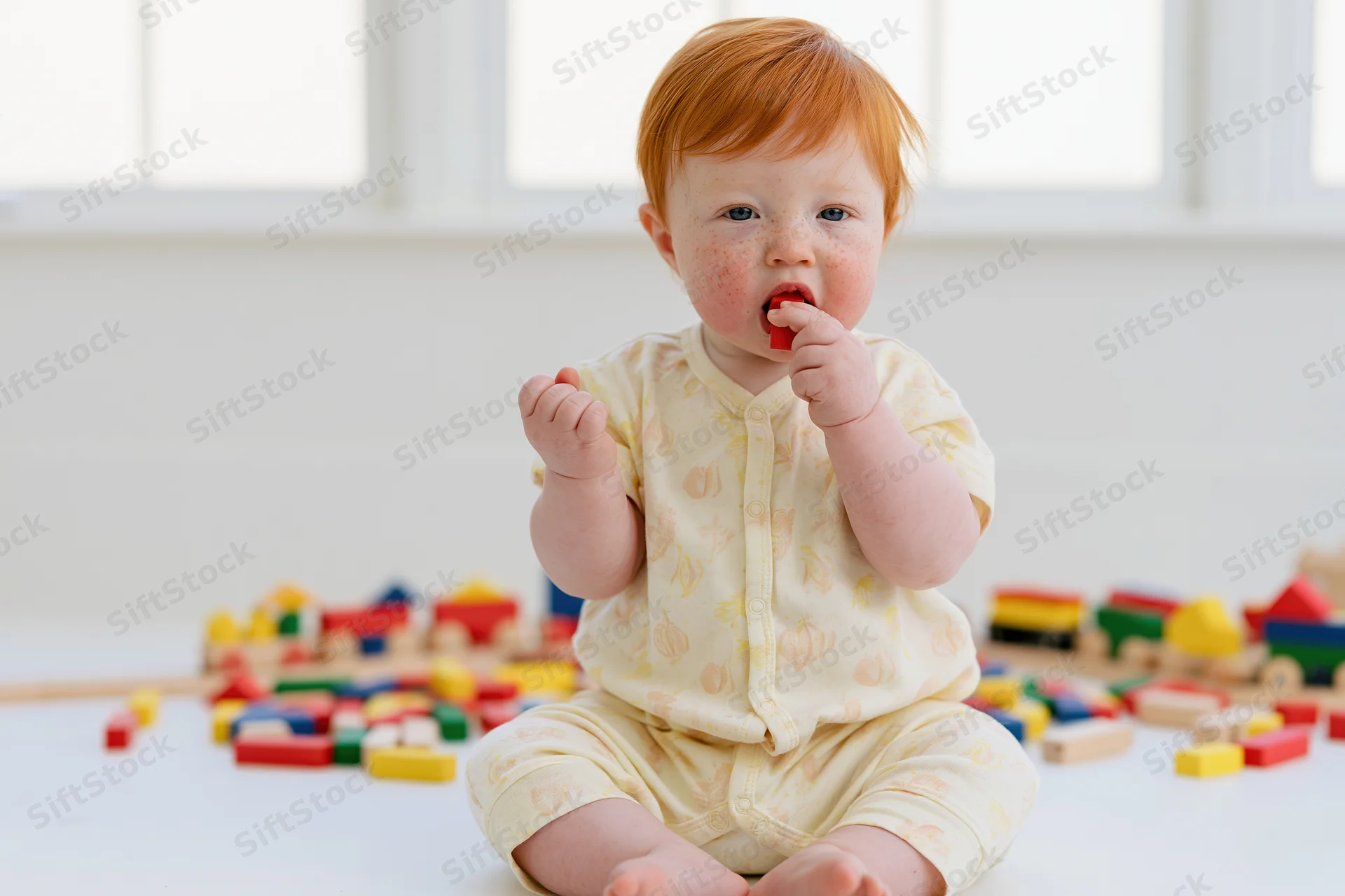Red-haired baby sitting cross-legged on white floor mouthing a small red block among colorful wooden toys