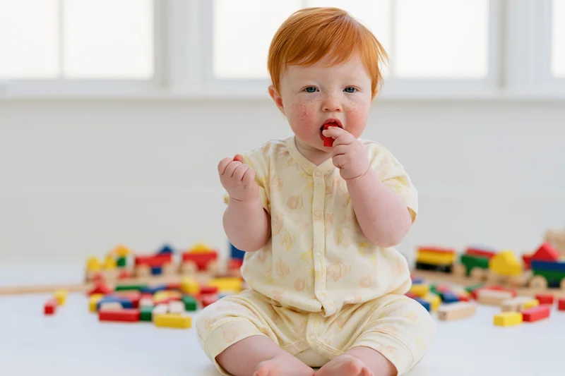 Red-haired baby sitting cross-legged on white floor mouthing a small red block among colorful wooden toys