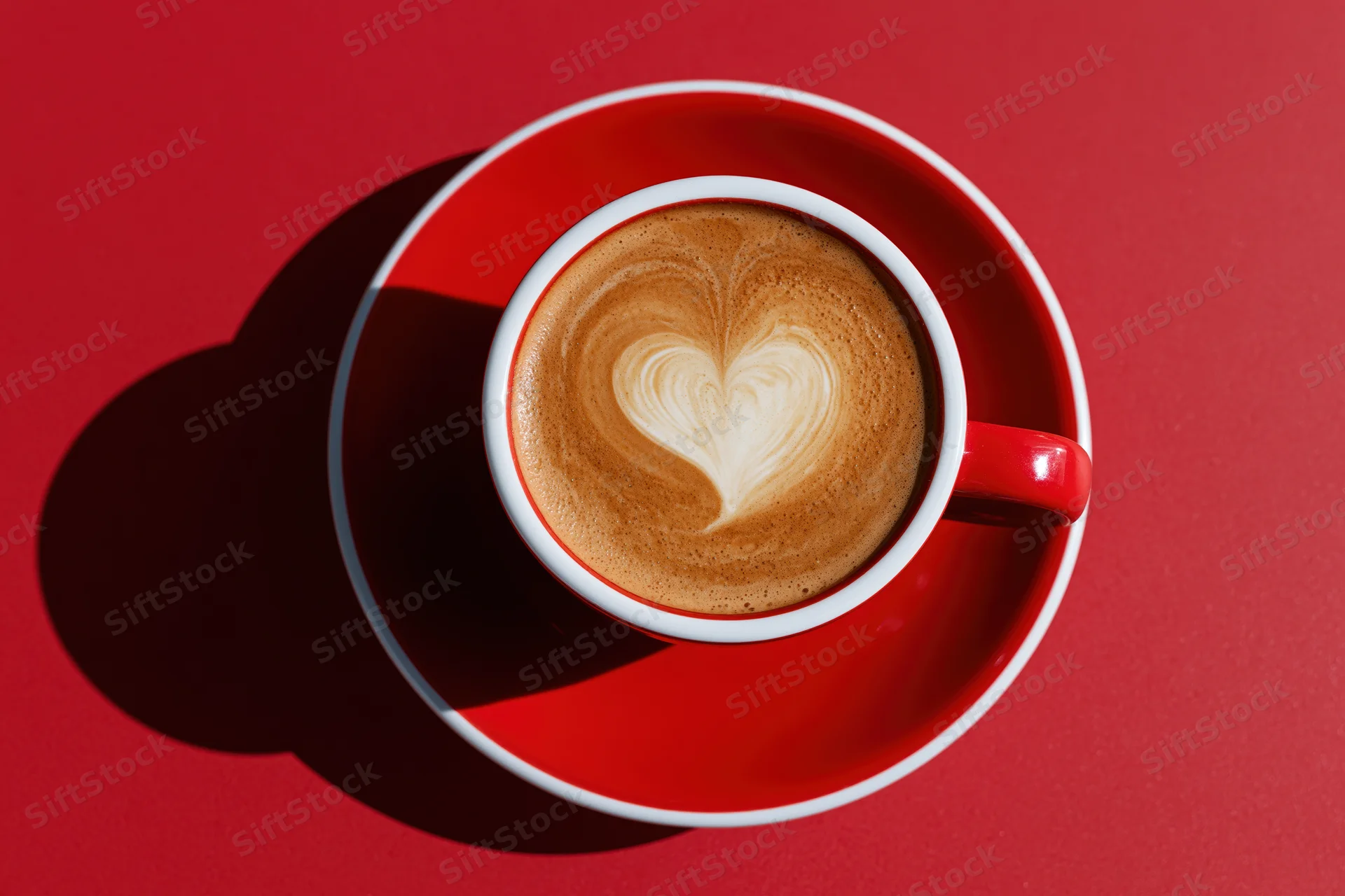 Red and white ceramic cappuccino cup with heart-shaped latte art on matching saucer against red background