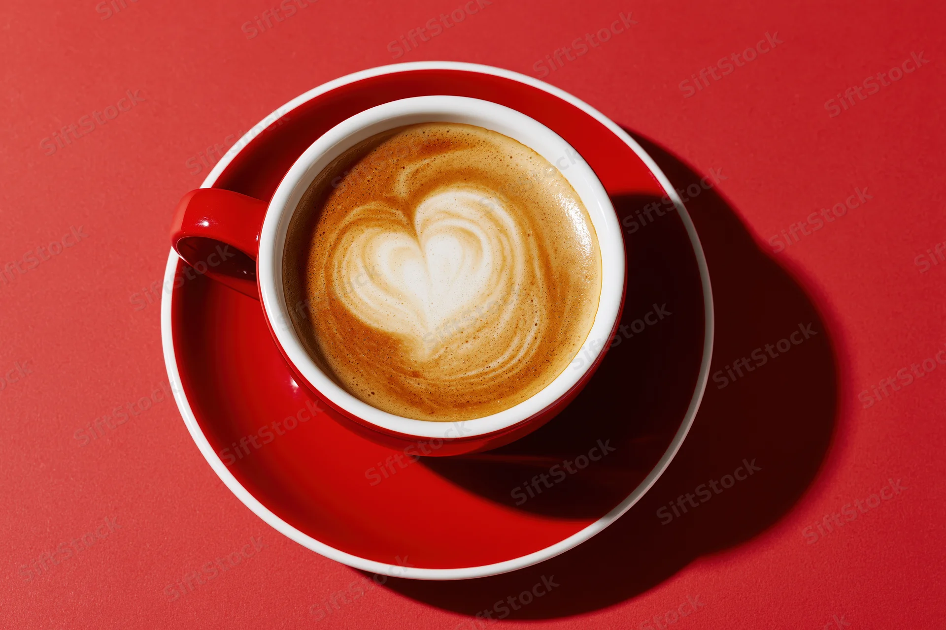 Red and white ceramic cappuccino cup with heart-shaped latte art on matching saucer on red surface