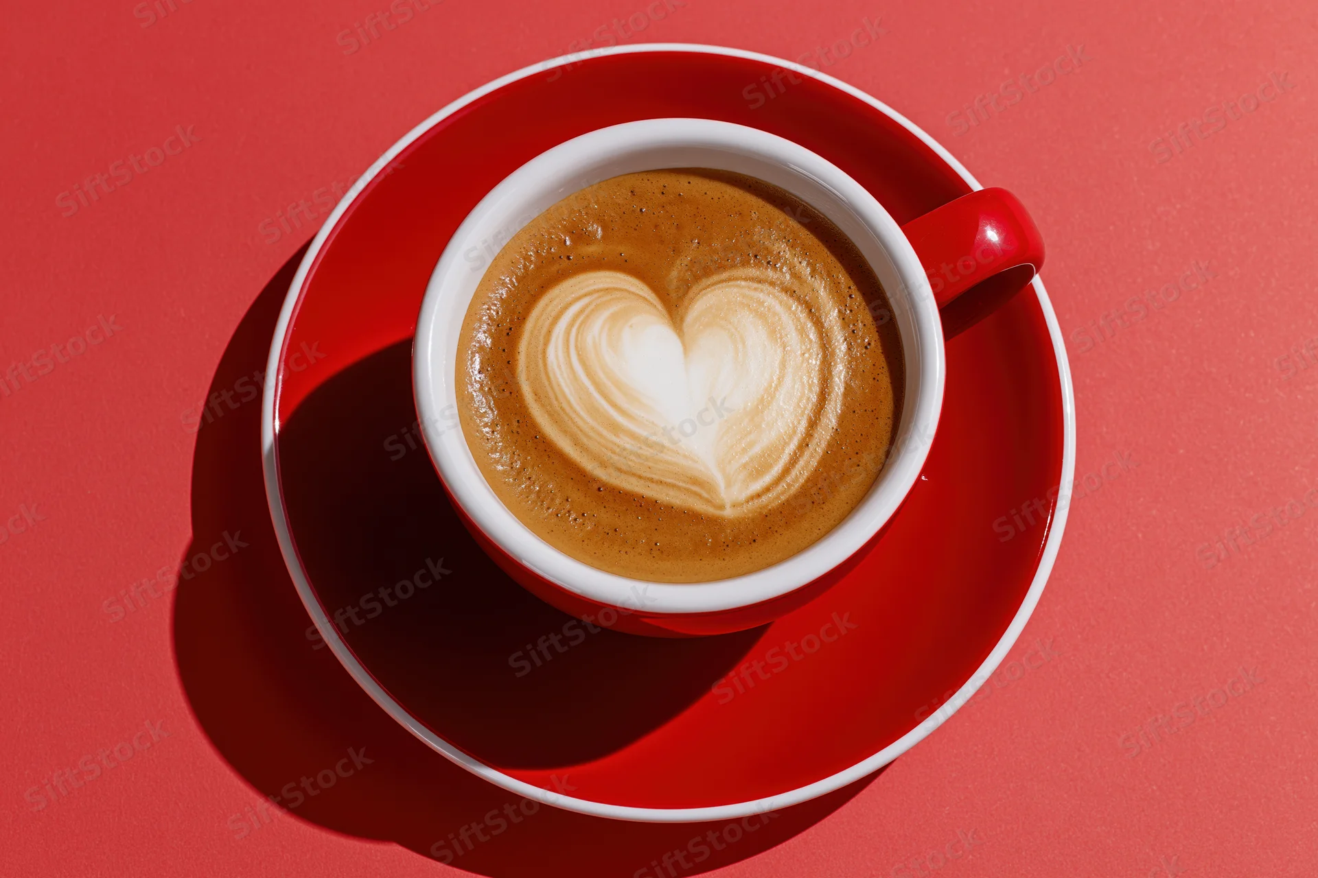 Red and white ceramic cappuccino cup with heart-shaped latte art on matching saucer against red background