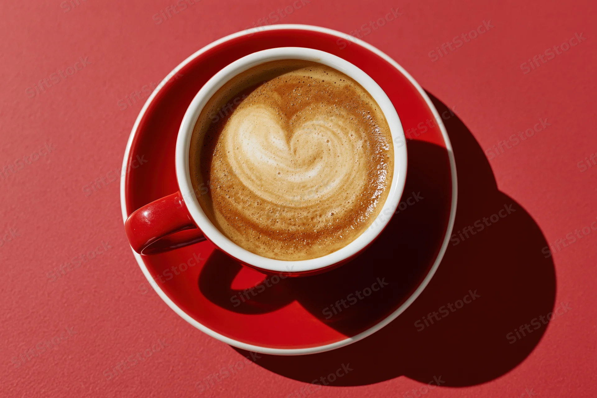 Red and white ceramic cappuccino cup with heart-shaped latte art on matching saucer against red background