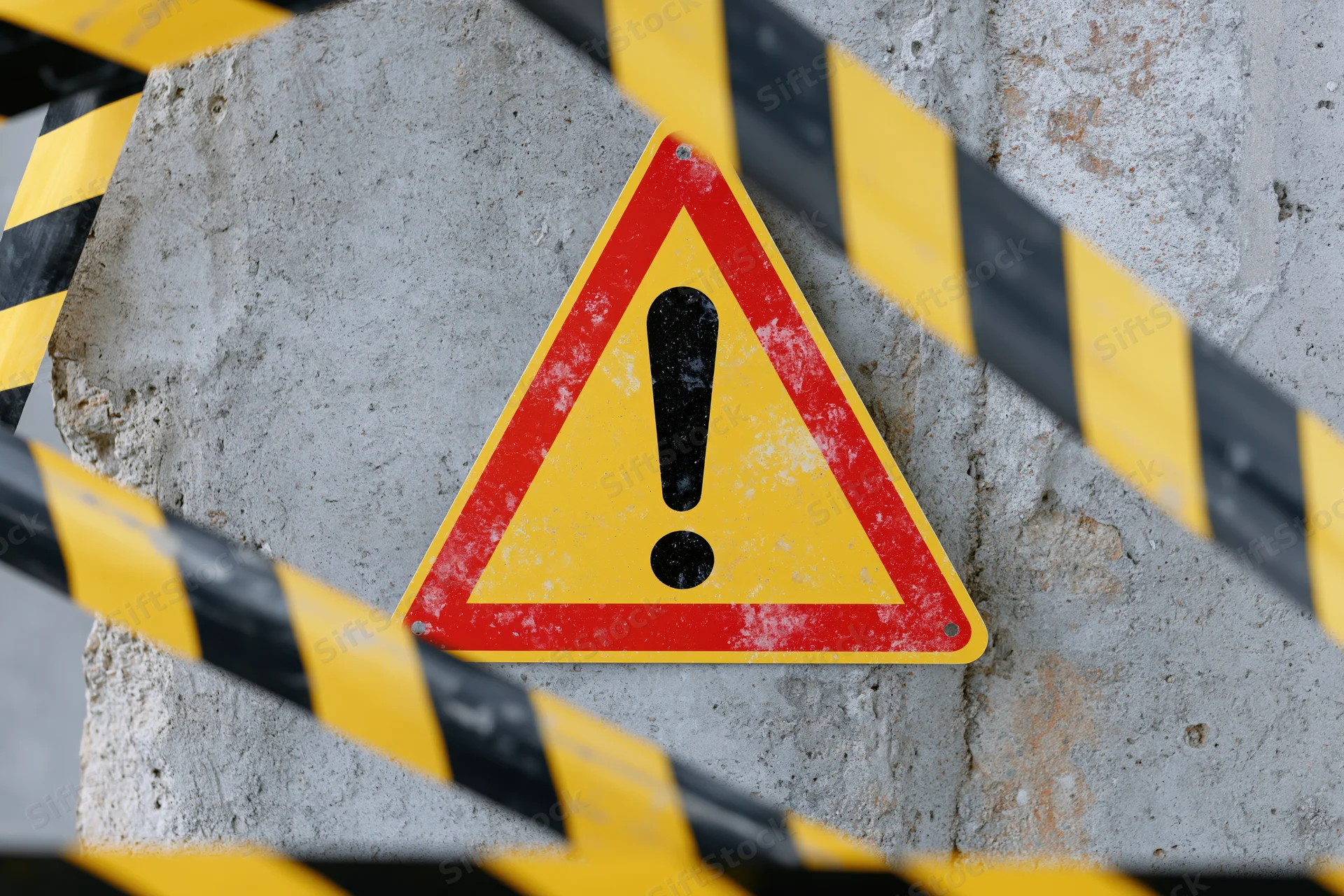 Triangular warning sign with exclamation mark on concrete wall behind yellow and black striped tape