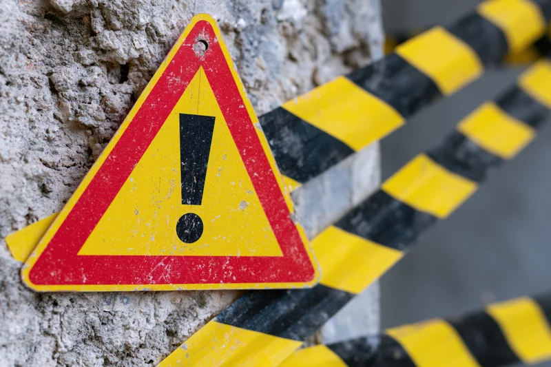 Triangular warning sign with exclamation mark attached to concrete wall beside striped caution tape