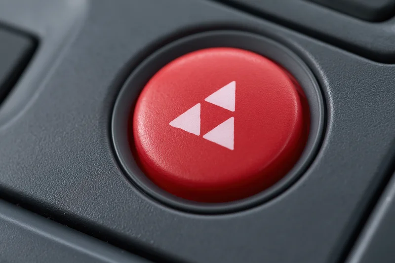 Red circular hazard warning button with white triangular symbol on a vehicle control panel