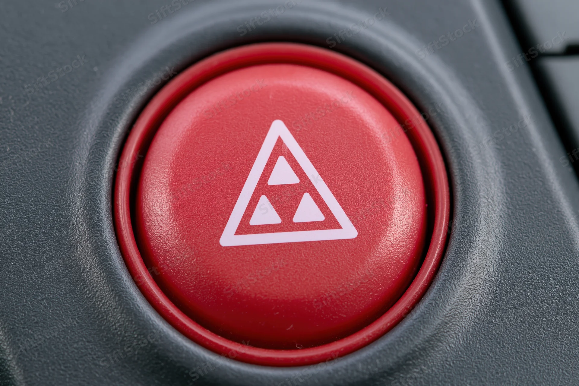 Red circular hazard warning button with white double-triangle symbol on vehicle dashboard