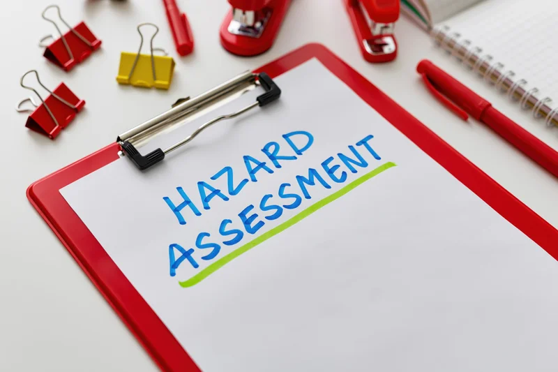 Red clipboard with hazard assessment document on white desk surrounded by office supplies