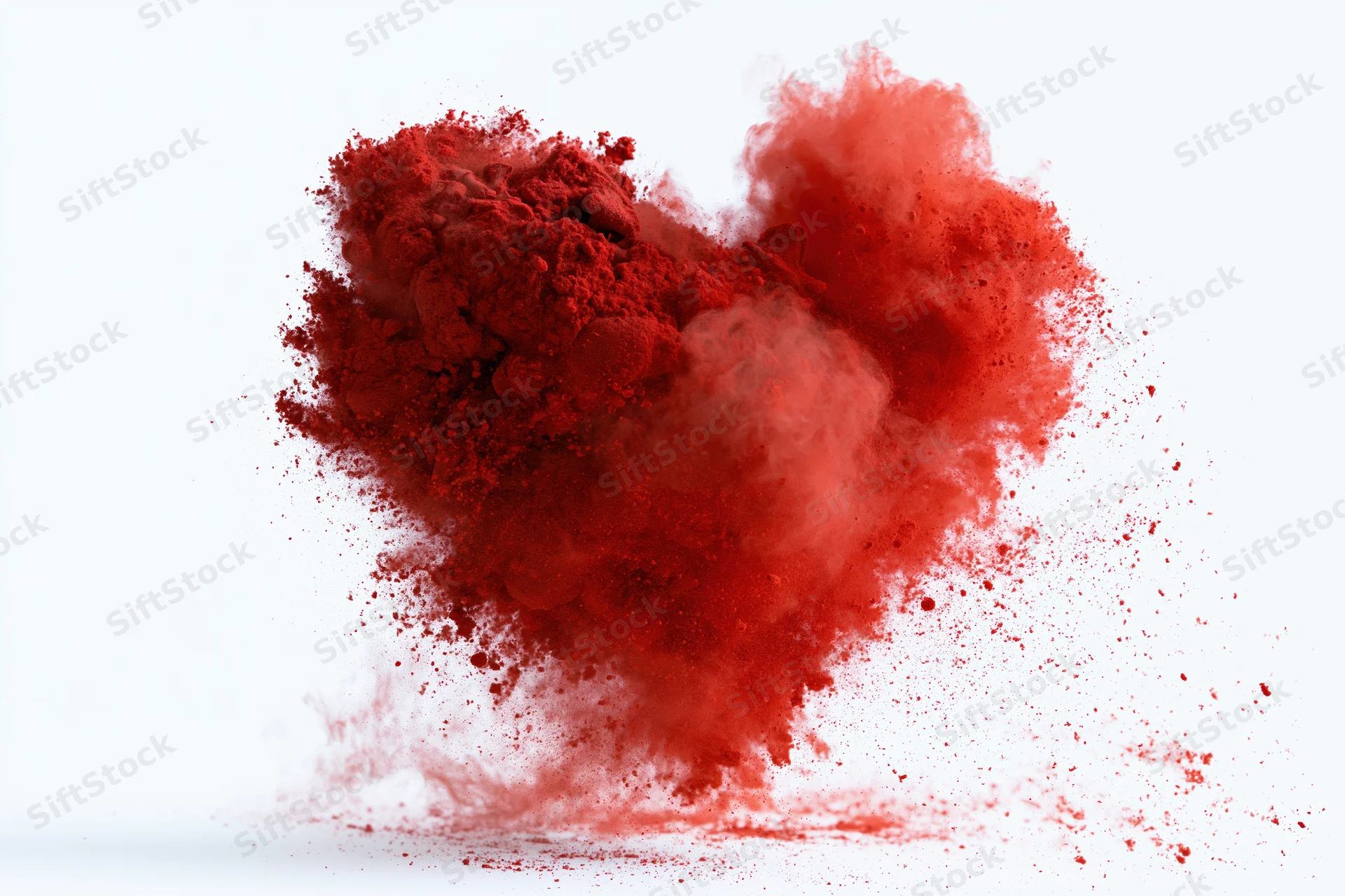 Red powder exploding in midair forming a heart shape against white background