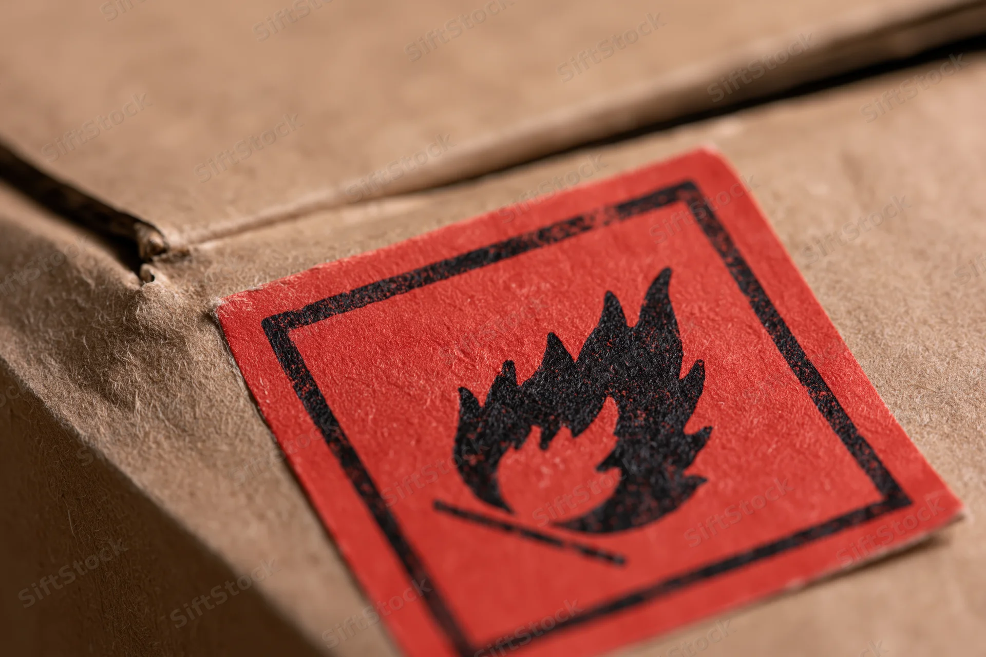 Red flammable hazard warning label affixed to cardboard box surface