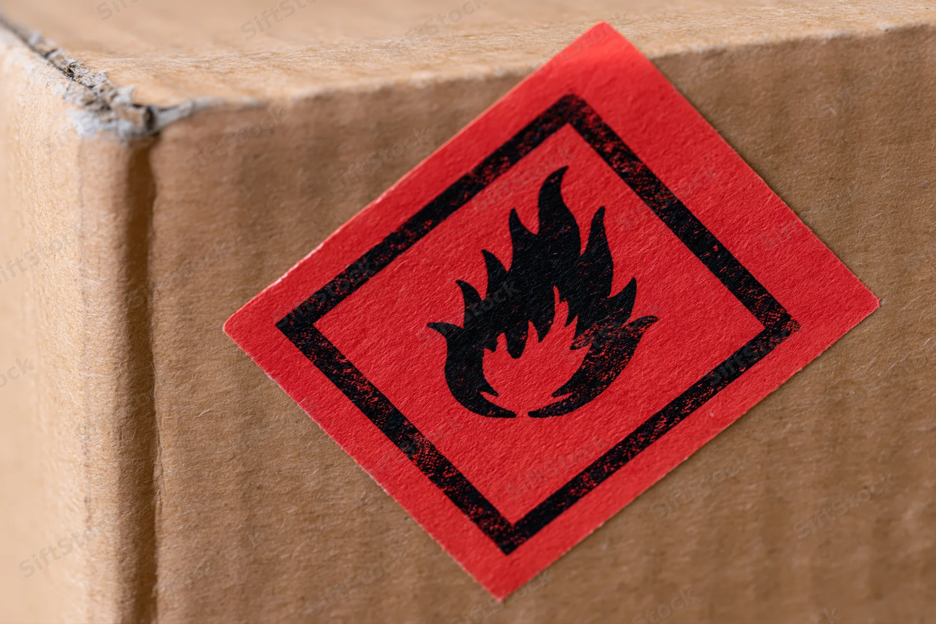 Red flammable hazard label affixed to corner of cardboard box