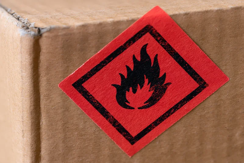 Red flammable hazard label affixed to corner of cardboard box