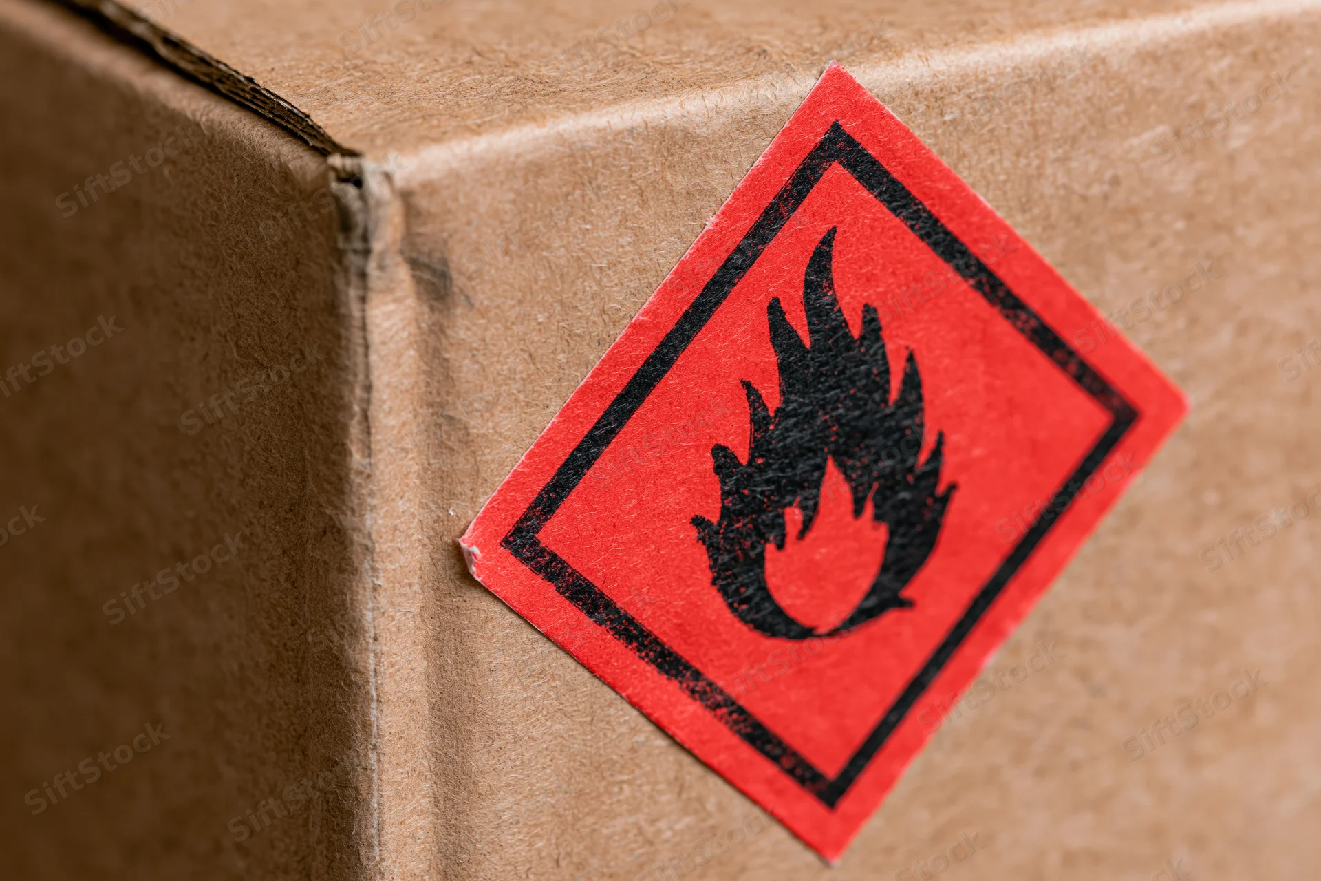 Red flammable hazard warning label on a cardboard shipping box