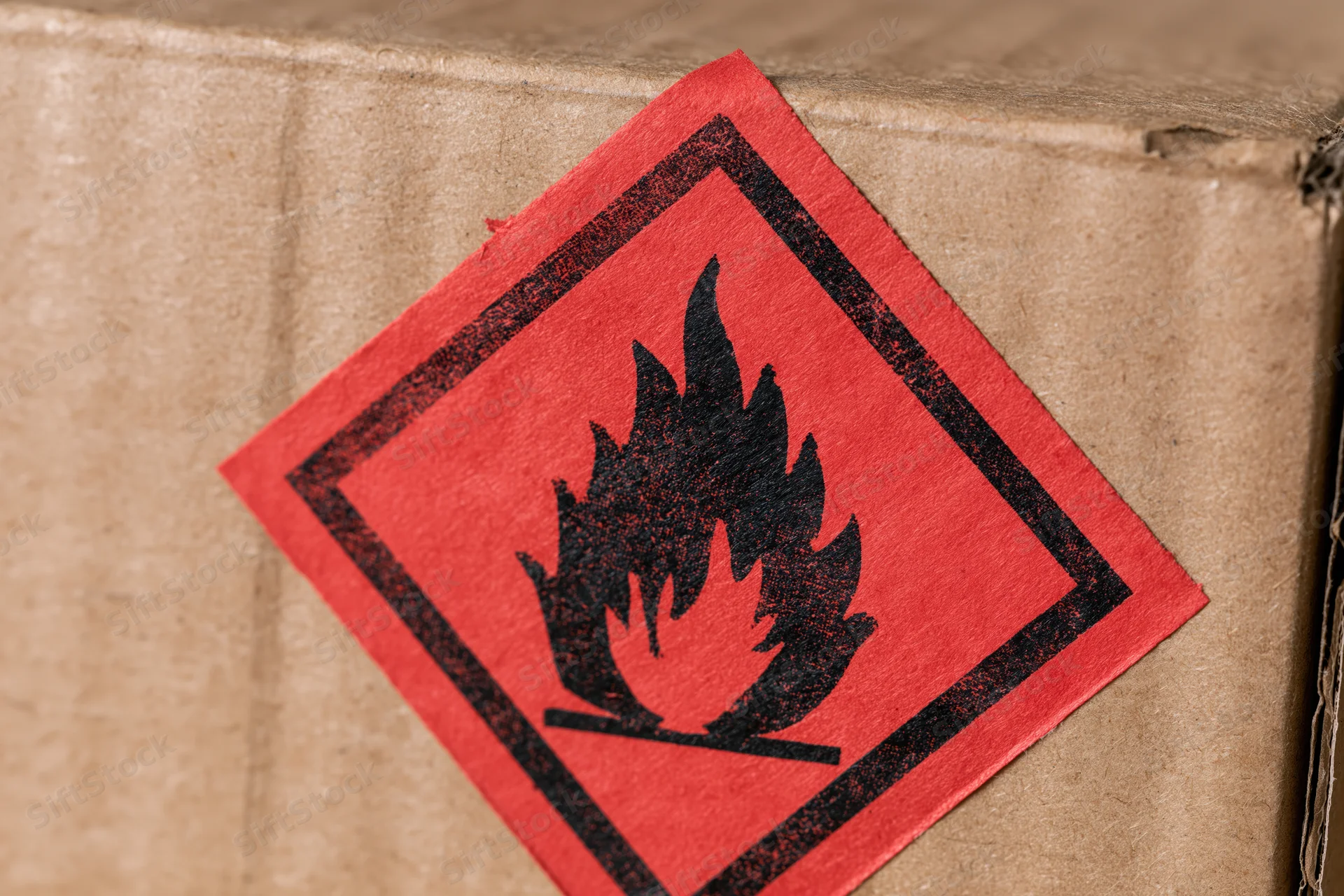 Red flammable hazard warning label affixed to a cardboard box