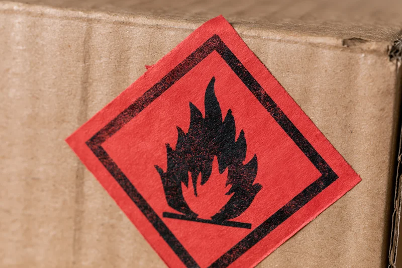 Red flammable hazard warning label affixed to a cardboard box