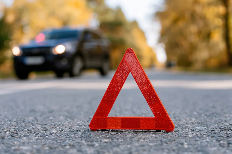 Red emergency warning triangle on asphalt road with car in background