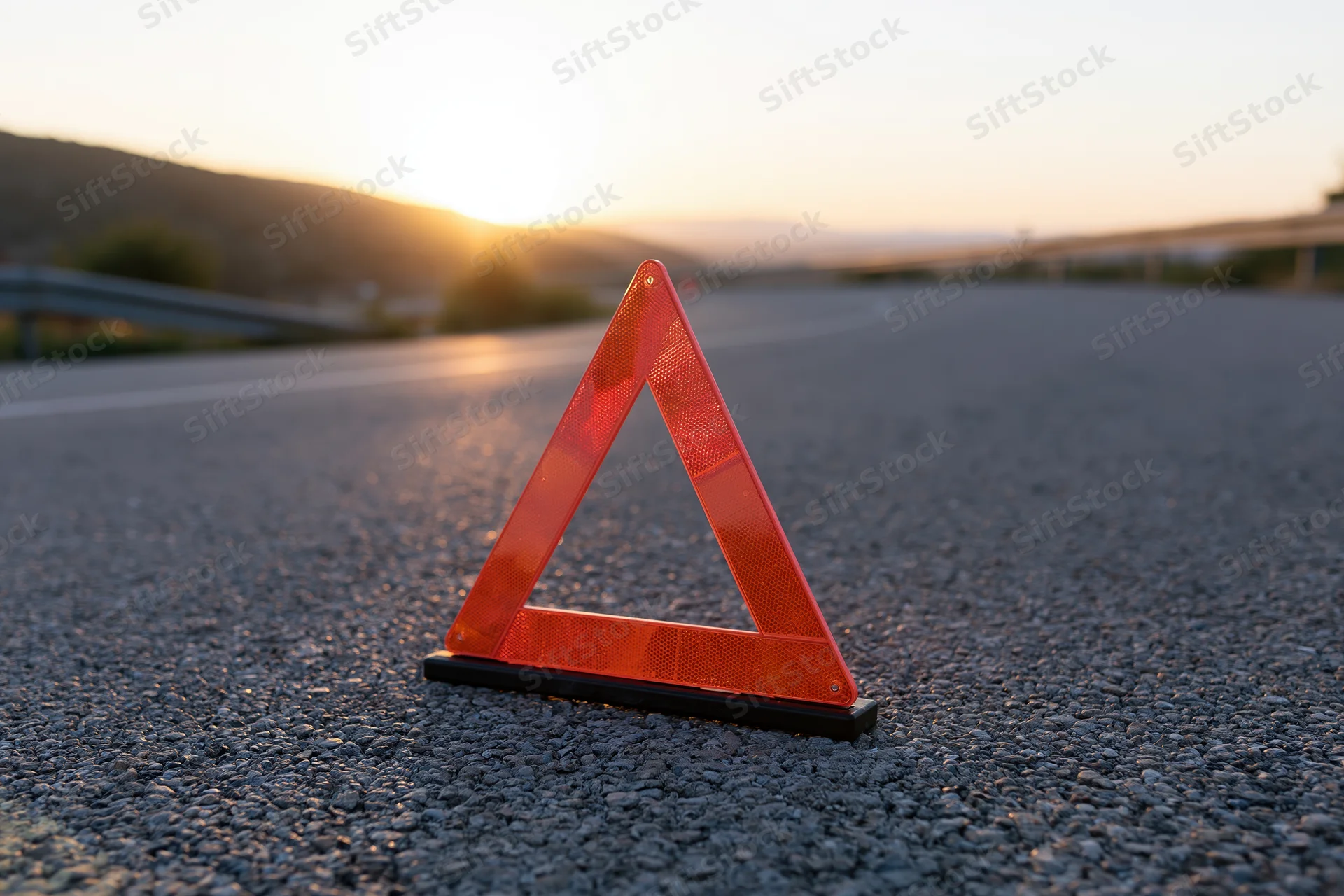 Red reflective emergency triangle on asphalt road at sunset
