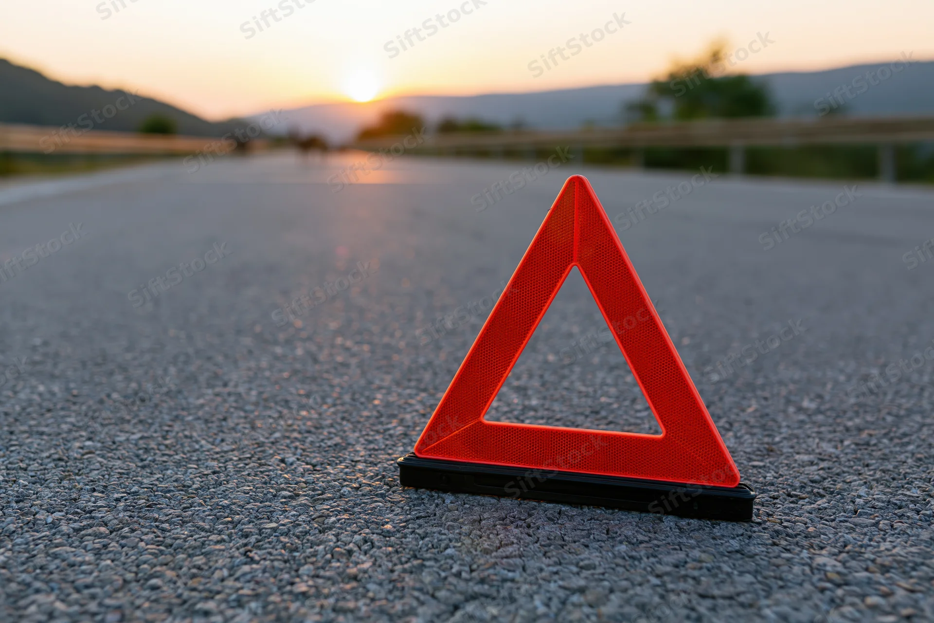 Red emergency warning triangle on asphalt road at sunset