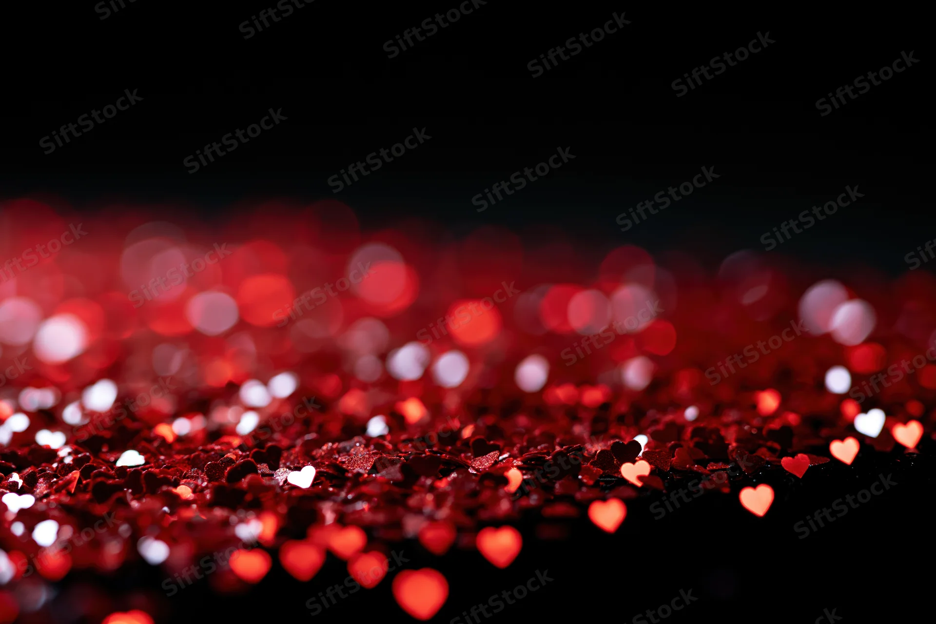 Red heart-shaped glitter scattered across a dark surface with bokeh lights in the background