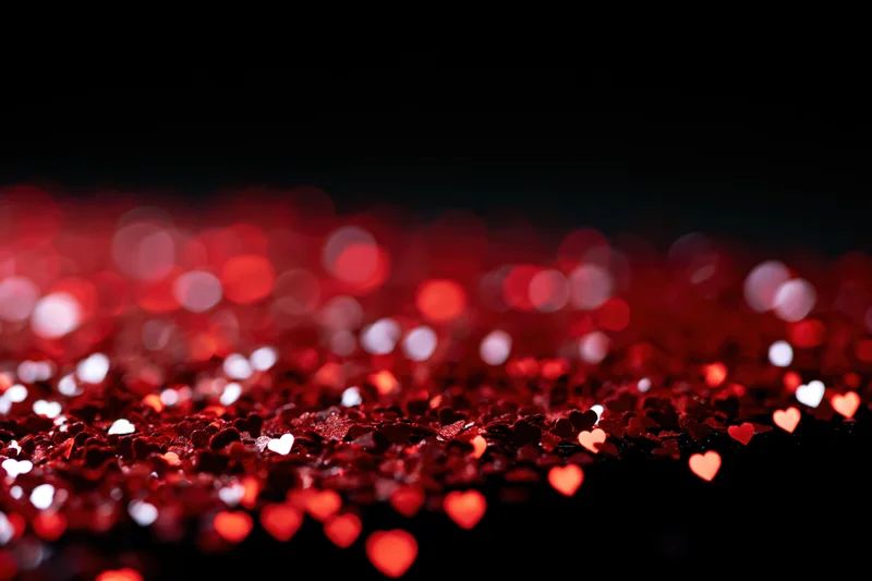 Red heart-shaped glitter scattered across a dark surface with bokeh lights in the background