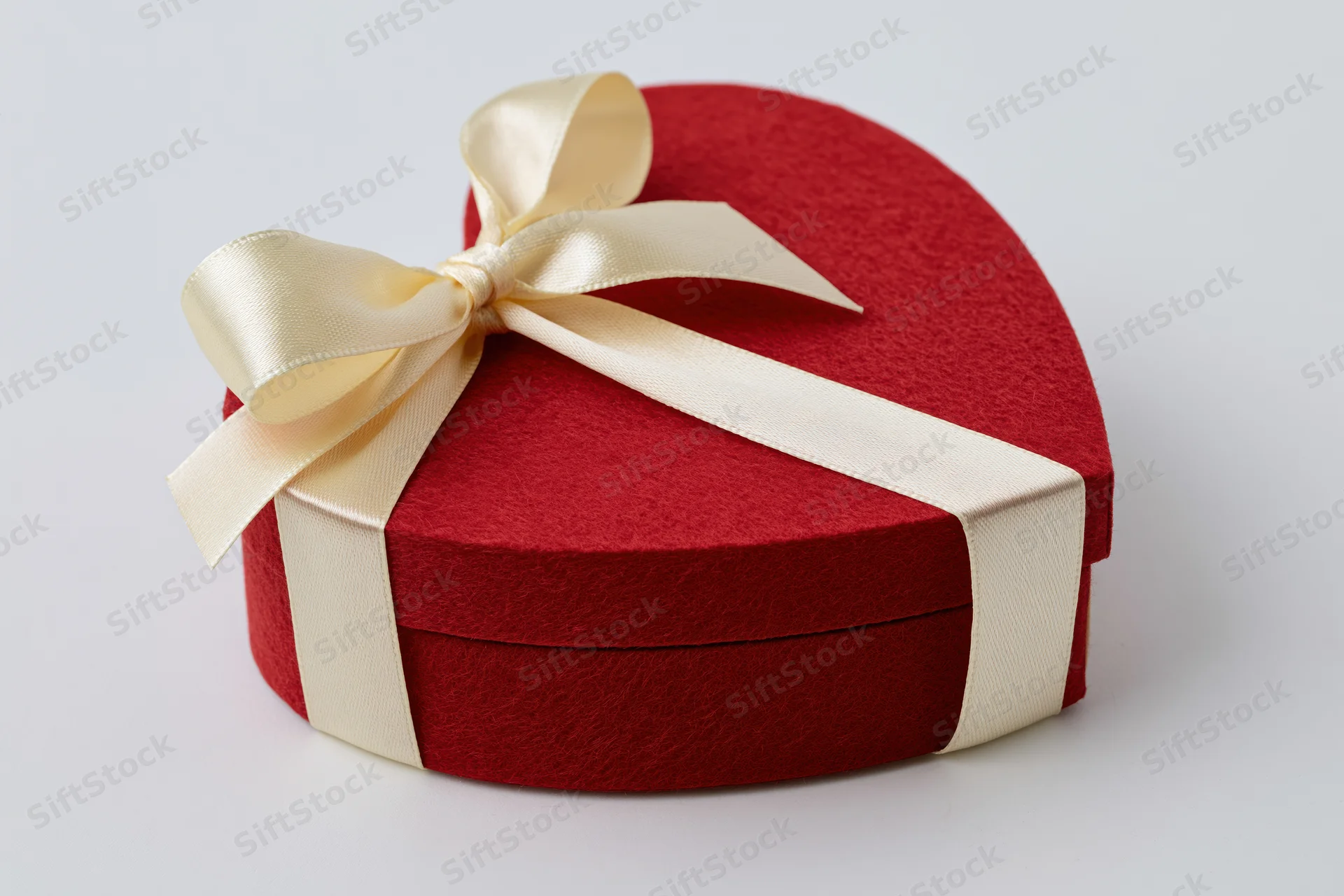 Red heart-shaped gift box wrapped with cream satin ribbon on white background