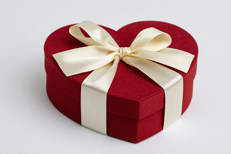 Red heart-shaped gift box with cream satin ribbon tied in a bow on white background