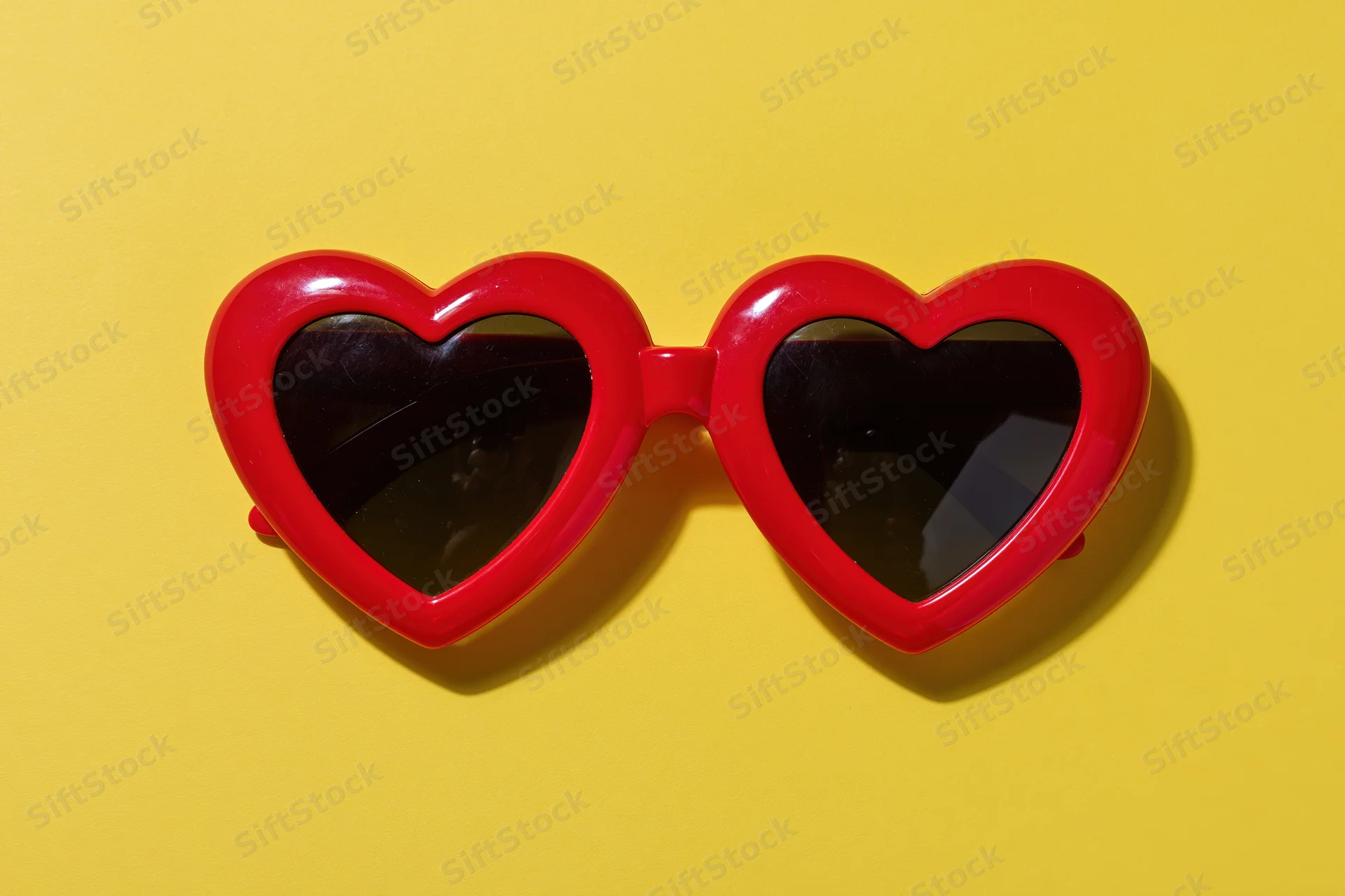 Red heart-shaped sunglasses with glossy plastic frames lying on a yellow background