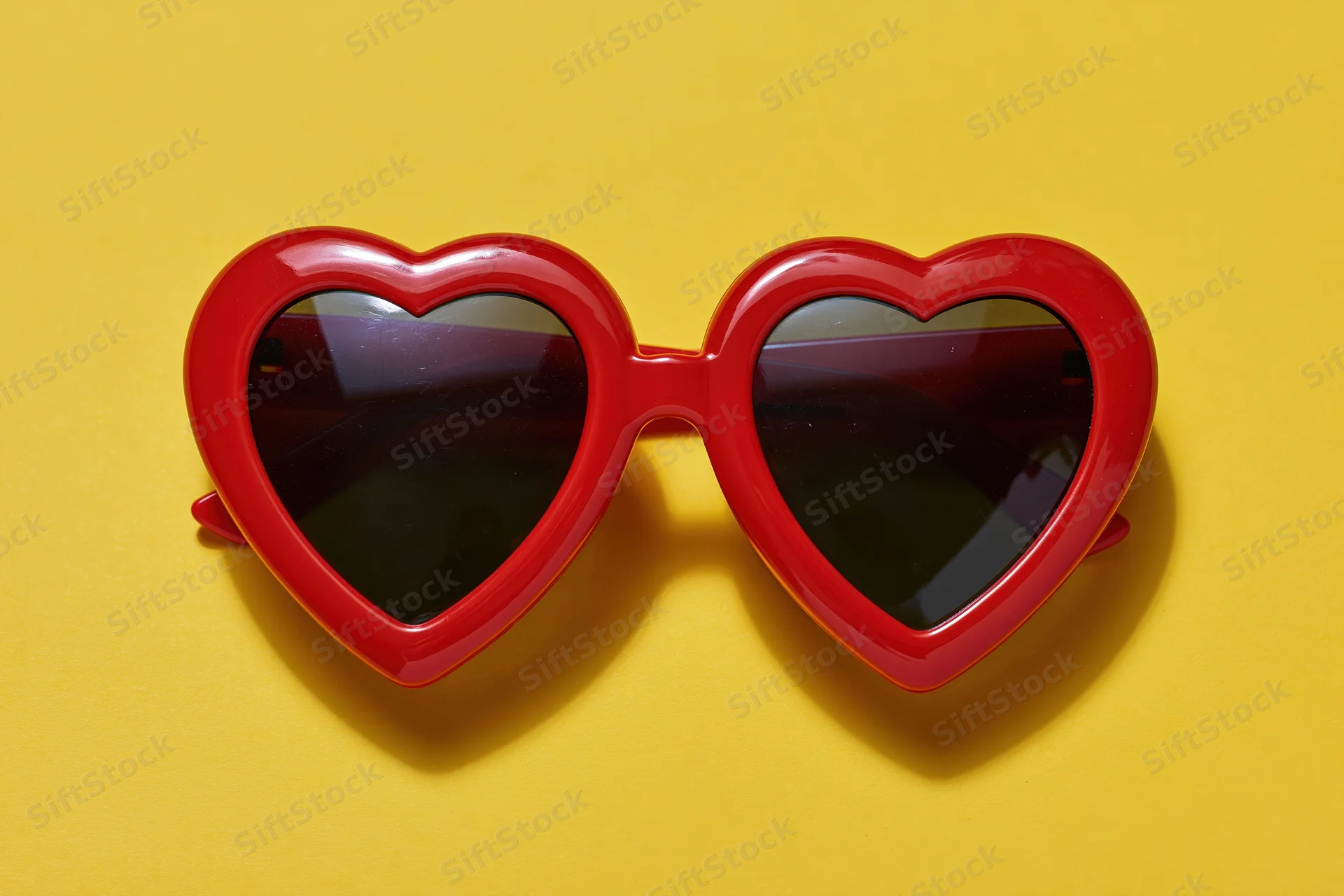 Red heart-shaped sunglasses with glossy plastic frames lying on yellow background