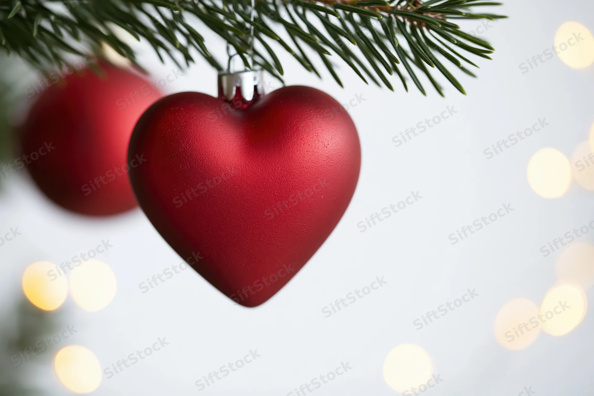Red heart-shaped ornament hanging from a pine tree branch with blurred lights in the background