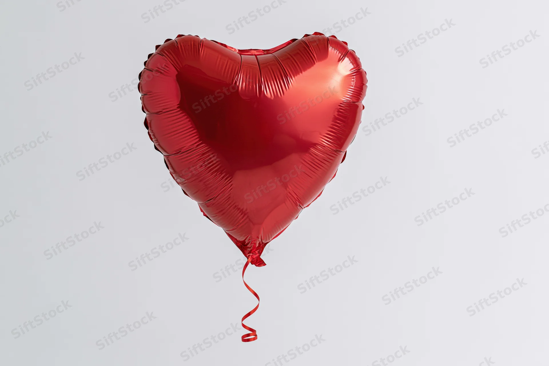 Red metallic heart-shaped foil balloon floating against a plain white background