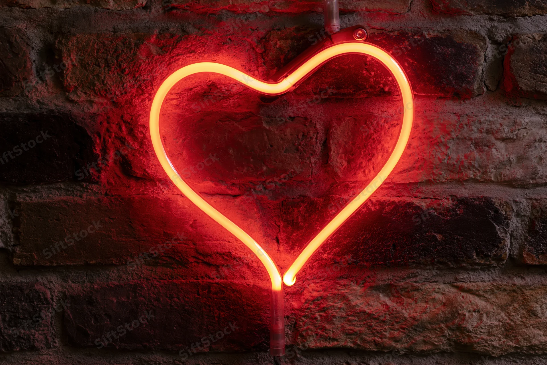 Red neon heart sign glowing on dark brick wall