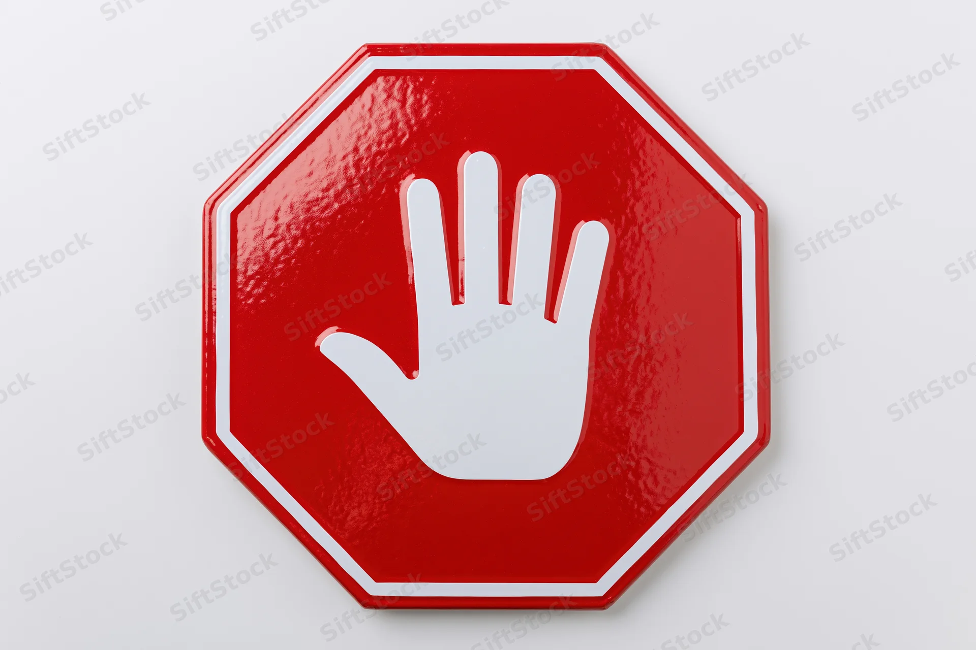 Red octagonal stop sign with white hand symbol on plain background
