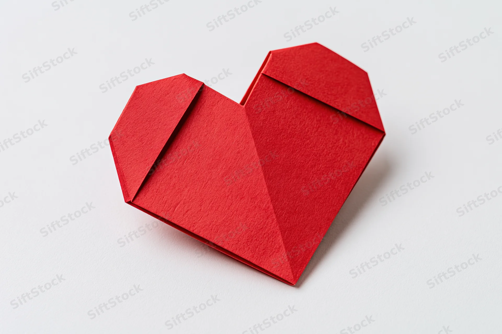 Red origami heart made from folded paper centered on a white background