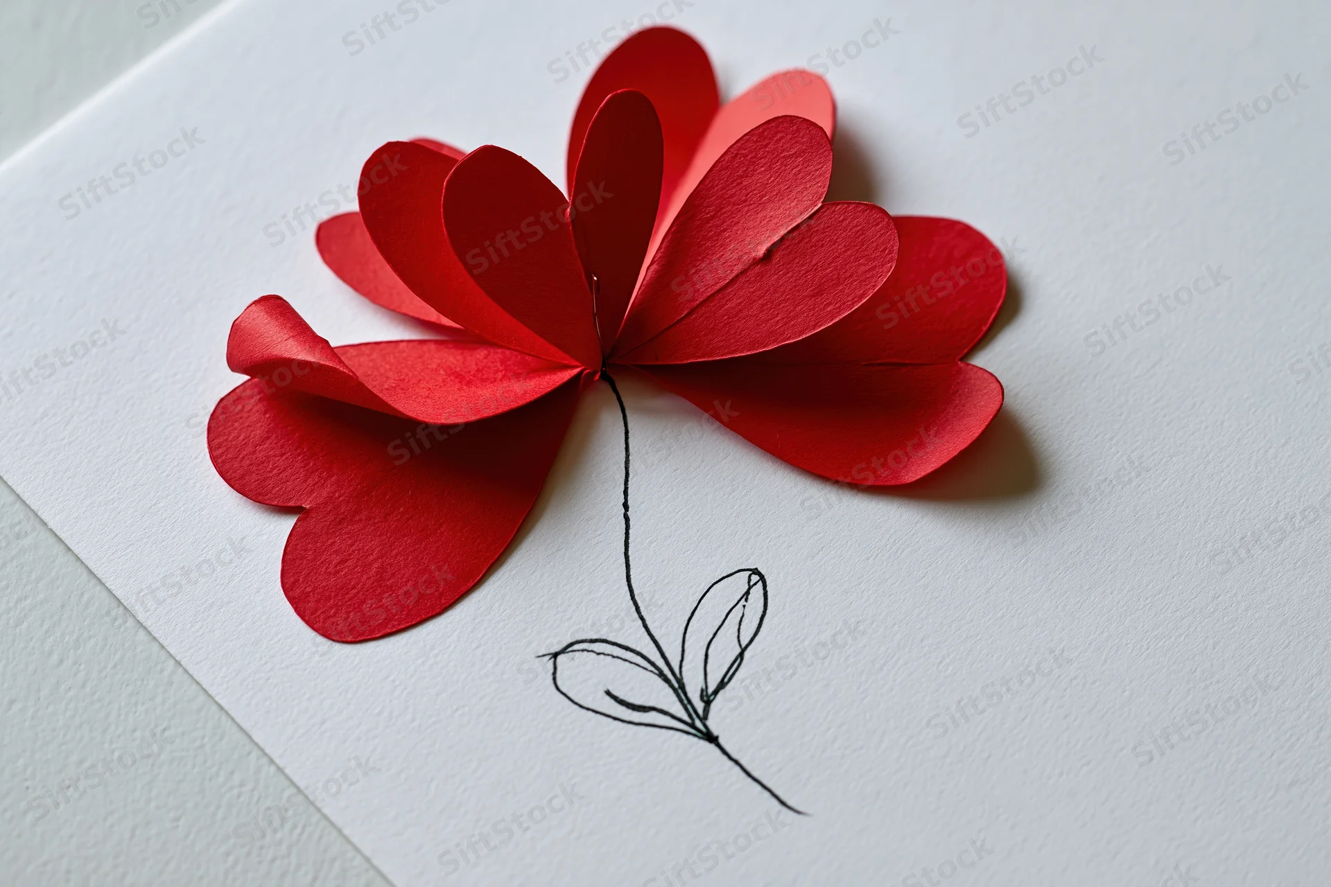 Red paper hearts arranged as flower petals pinned to white card with ink-drawn stem