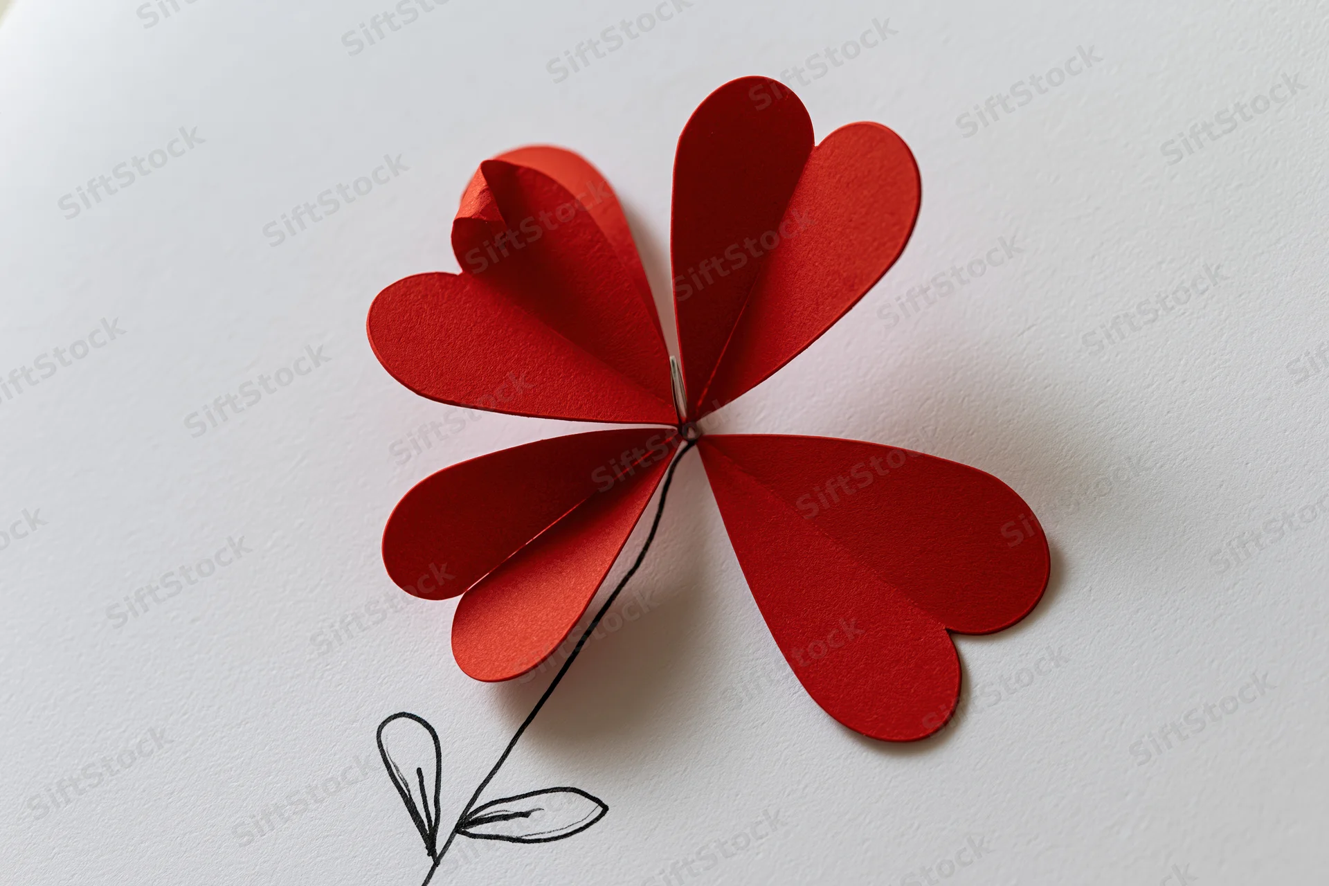 Red paper hearts arranged as flower petals pinned to white surface with drawn stem and leaves