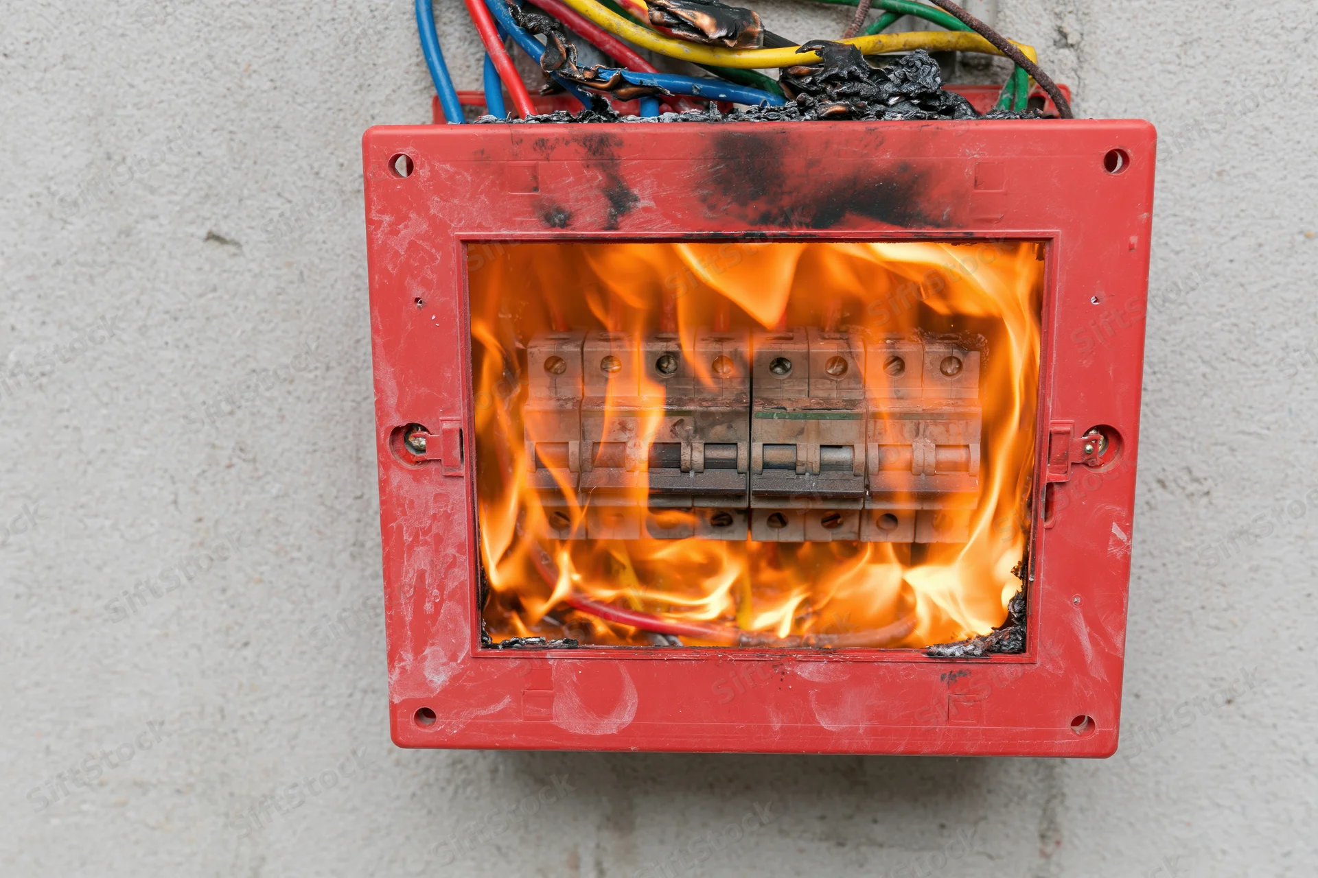 Burning electrical fuse box mounted on concrete wall with visible flames and damaged wires