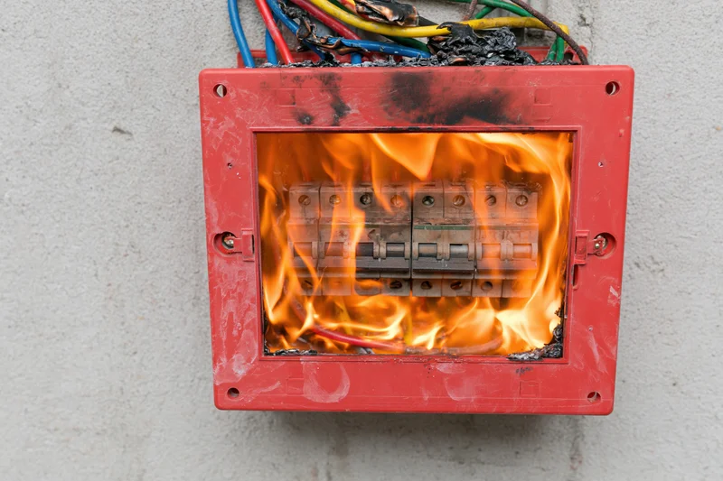 Burning electrical fuse box mounted on concrete wall with visible flames and damaged wires