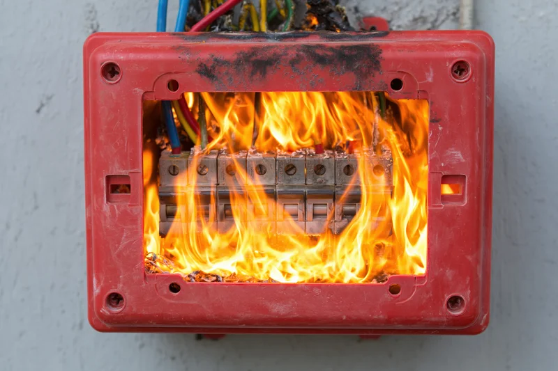 Burning electrical fuse box with flames and melted plastic on concrete wall